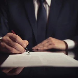 Close em um contrato em cima de uma mesa com um advogado ao fundo ilustrando o texto Consultoria Direito empresarial