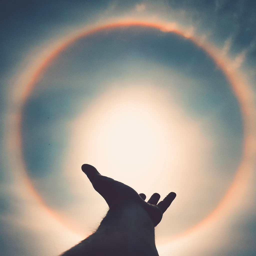 Imagem de um halo solar com uma mão apontando para o fenômeno ilustrando o texto O Significado de Halo